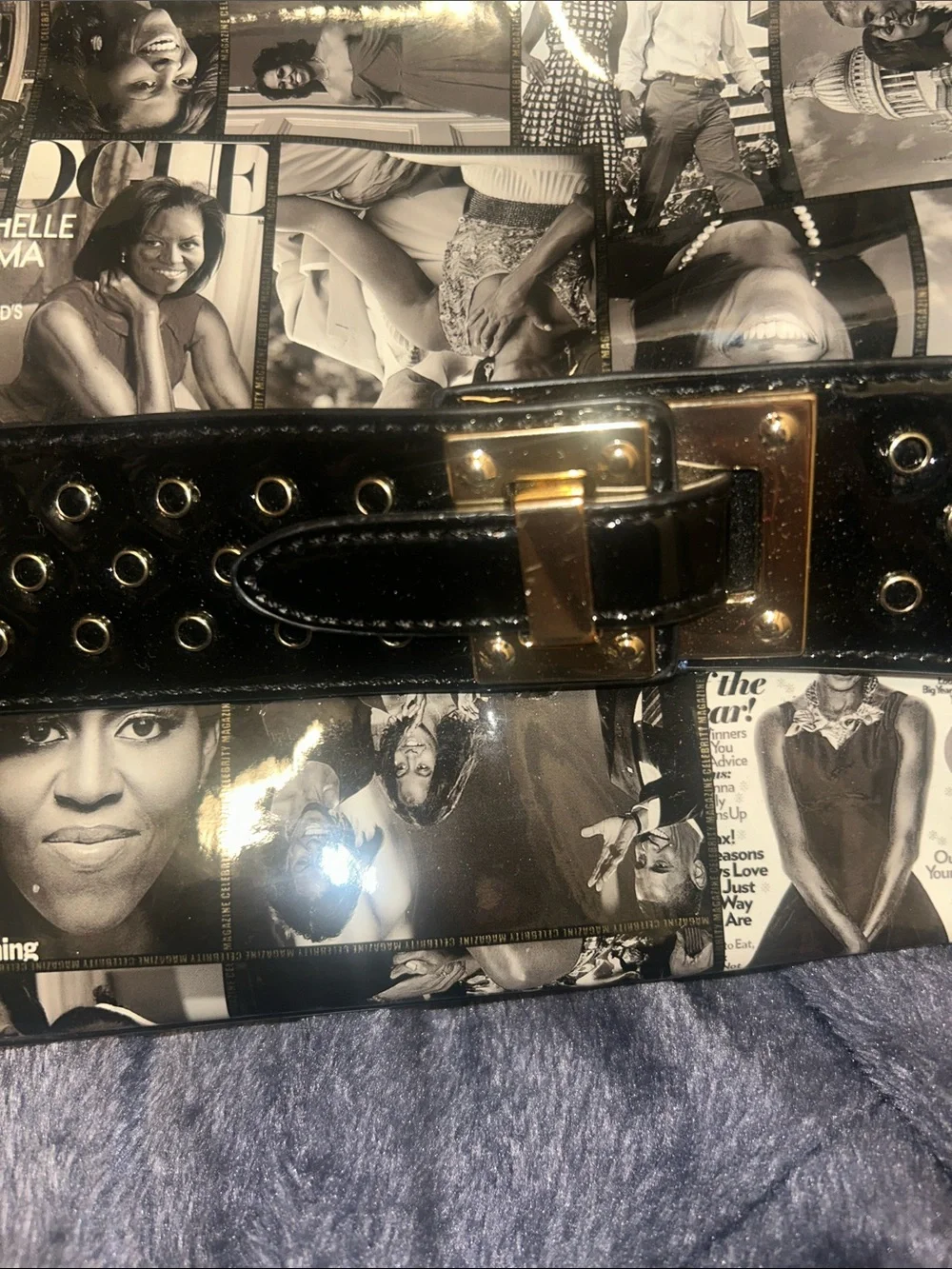 Black Photo-Collage Patent Tote with Gold Hardware